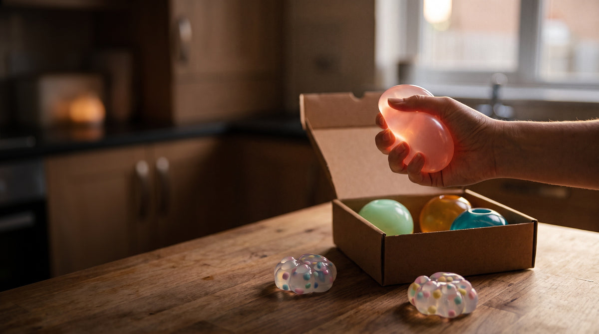 A hand squeezing a glowing pink coconut-oil jelly squishy, with the box of four and two cat-paw squishies on the kitchen counter